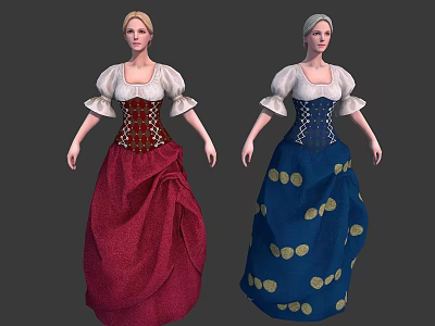 Two Female Characters In Traditional Attire Red Blue Dresses With Corsets And Gold Patterns 3d model