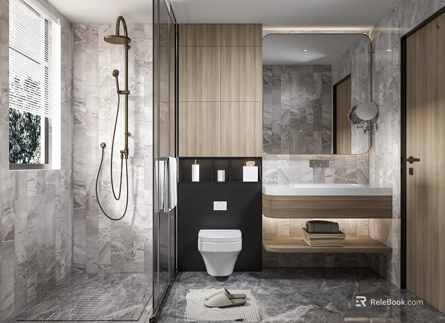 Modern Bathroom Interior With Toilet Vanity Mirror Wooden Cabinets And Marble Tiles 3d model 