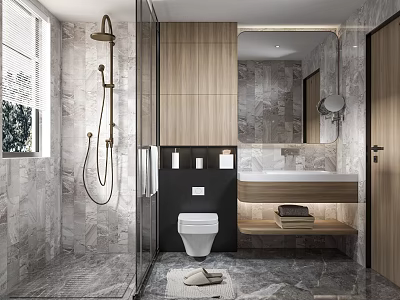 Modern Bathroom Interior With Toilet Vanity Mirror Wooden Cabinets And Marble Tiles 3d model