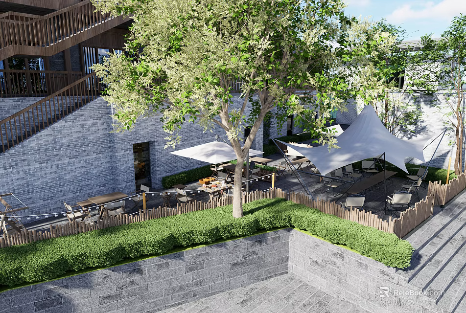 Outdoor Restaurant Seating Area With Trees Umbrella Stone Steps And Greenery 3d model 