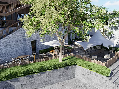 Outdoor Restaurant Seating Area With Trees Umbrella Stone Steps And Greenery 3d model