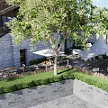 Outdoor Restaurant Seating Area With Trees Umbrella Stone Steps And Greenery