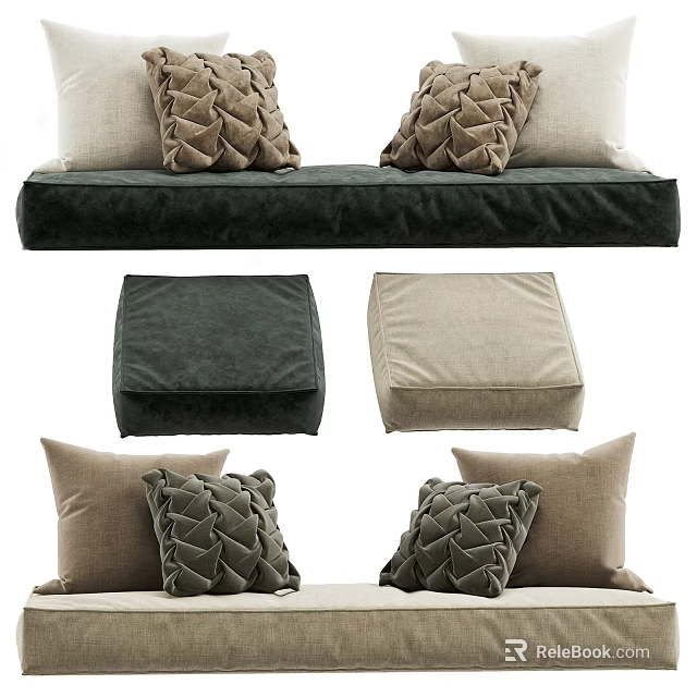 Comfortable Velvet Sofa Cushions And Geometric Pattern Pillows In Dark Green And Beige Colors 3d model 