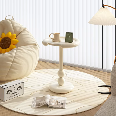 White Rounded Design Side Table With Bean Bag Chair Sunflower Cushion And Wooden Floor 3d model