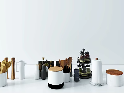Neat Modern Kitchen Utensils With Wooden White Containers Knives Spoons And Spice Rack 3d model