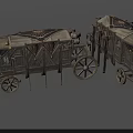 Two Vintage Wooden Carriages With Canopy Top And Decorative Wheels On Gray Background