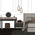 Modern Bedroom Dressing Table With Round Mirror Stool And Cosmetics Decorative Items 3d model