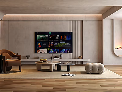 Modern Minimalist TV Wall Interior Design With Flat Screen TV And Wooden Floor Decor 3d model