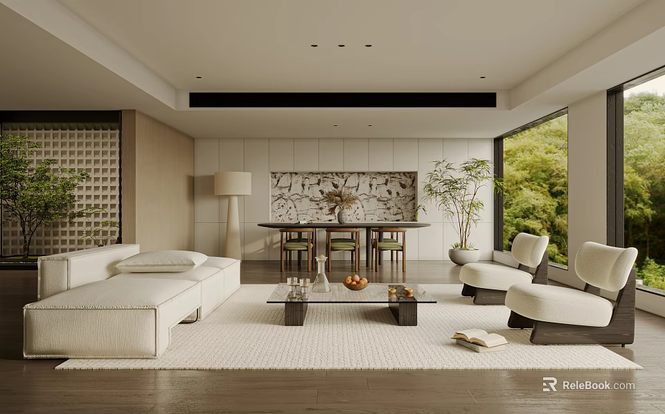 Modern Living Room Interior With White Sofa Coffee Table Rug And Floor to Ceiling Windows 3d model 