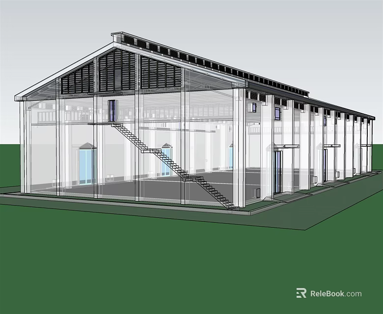 Modern Long Rectangular Building Design With Glass Facade Sloped Roof Black Frame And Interior Stairs 3d model 