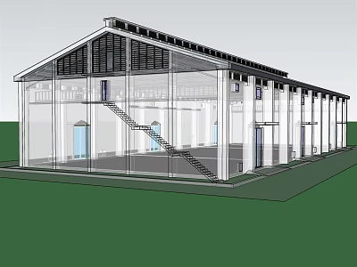 Modern Long Rectangular Building Design With Glass Facade Sloped Roof Black Frame And Interior Stairs 3d model