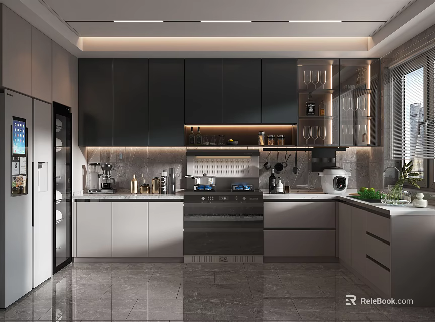 Modern Kitchen Interior With Dark Cabinets White Countertops And Stainless Steel Appliances 3d model 