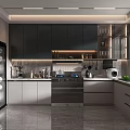 Modern Kitchen Interior With Dark Cabinets White Countertops And Stainless Steel Appliances