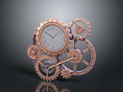 Copper Colored Gear Clock With Multiple Gears And Clock Face Shows Time 3d model