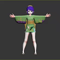 Game Movie Character With Purple Hair In Green Kimono And Outstretched Arms