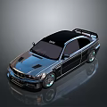 Black Modified Sports Car Featuring Rear Spoiler Sleek Body And Alloy Wheels
