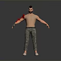Shirtless Muscular Man With Flame Tattoo On Left Arm In Camouflage Pants And White Shoes