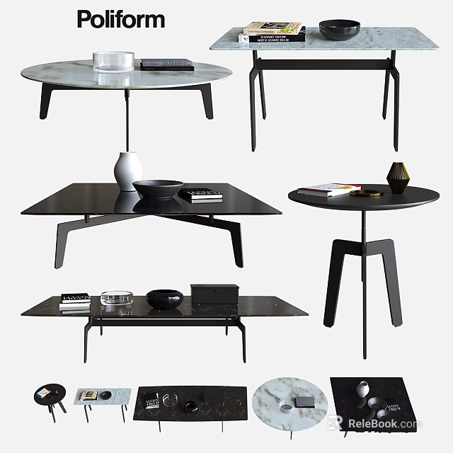 Modern Table Collection With Various Shapes Black Frames And Decorative Items 3d model