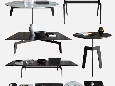 Modern Table Collection With Various Shapes Black Frames And Decorative Items 3d model