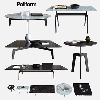 Modern Table Collection With Various Shapes Black Frames And Decorative Items 3d model