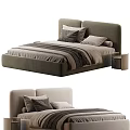 Modern Double Bed With Upholstered Headboard Striped Bedding Pillows And Nightstand