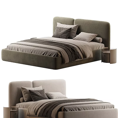 Modern Double Bed With Upholstered Headboard Striped Bedding Pillows And Nightstand 3d model