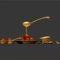 Golden Utensils Display With Red Tomatoes And Petals On Black Surface