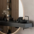 Modern Dressing Table Interior With Wooden Cabinet Round Backlit Mirror Black Countertop And Gray Chair