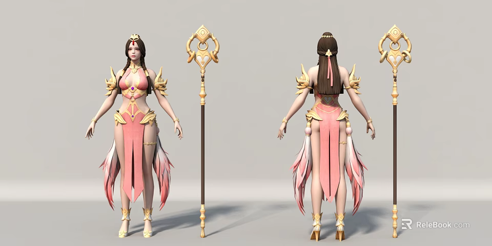 Game Female Character in Pink Gold Outfit with Ornate Staff Feathered Details and Long Hair 3d model 