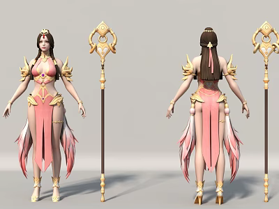 Game Female Character in Pink Gold Outfit with Ornate Staff Feathered Details and Long Hair 3d model