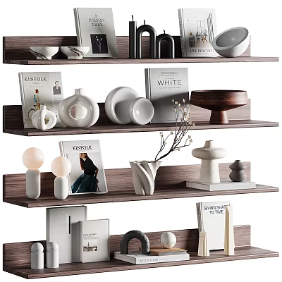 Chic Decorative Ornaments Set On Wooden Shelves With Vases Bowls Sculptures And Books 3d model