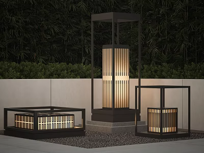 Outdoor Lights With Black Frame And Wooden Slats For Garden Decorative Lighting 3d model