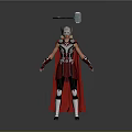 Female Thor Character In Purple Red Outfit With Red Cape Helmet And Floating Hammer