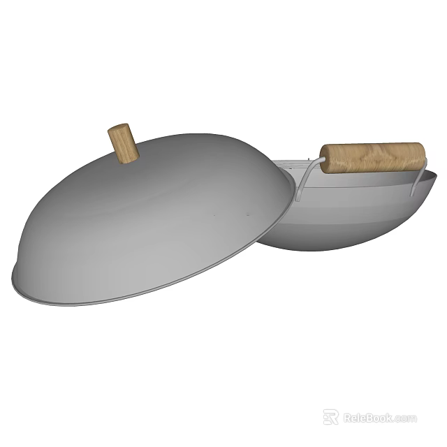 Durable Wok with Wooden Handle and Fitted Lid for Kitchen Cooking Utensils 3d model 