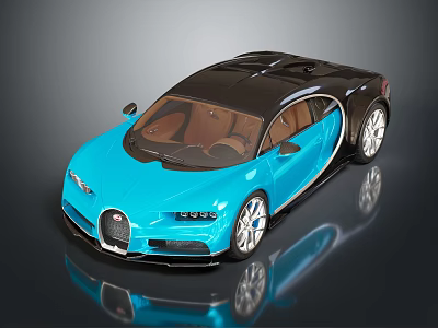 Sleek Blue Bugatti Sports Car With Black Roof Brown Interior Silver Wheels 3d model