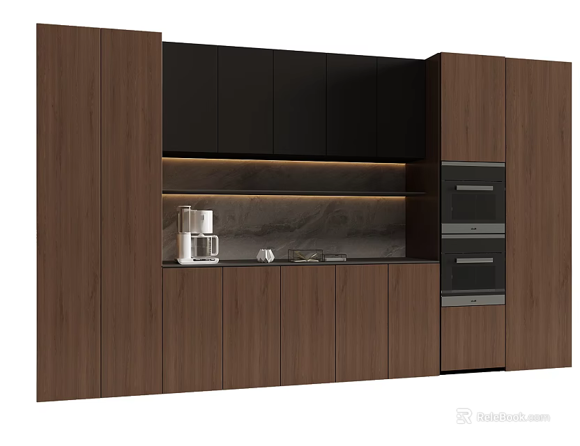 Modern Wooden Wine Cabinet With Black Doors And Marble Countertop Design 3d model 