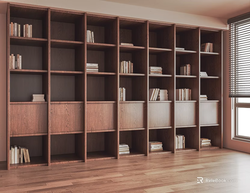 Dark Wooden Bookcase With Multiple Compartments Books And Empty Shelves In Modern Room 3d model 