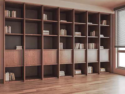Dark Wooden Bookcase With Multiple Compartments Books And Empty Shelves In Modern Room 3d model