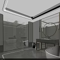 Luxurious Hotel Bathroom Interior With White Bathtub Marble Vanity Round Mirror And Glass Shower