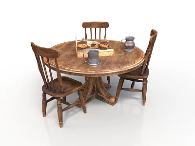 Round Wooden Dining Table With Three Chairs And Cake Pitcher Mug Setting 3d model