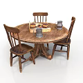 Round Wooden Dining Table With Three Chairs And Cake Pitcher Mug Setting 3d model