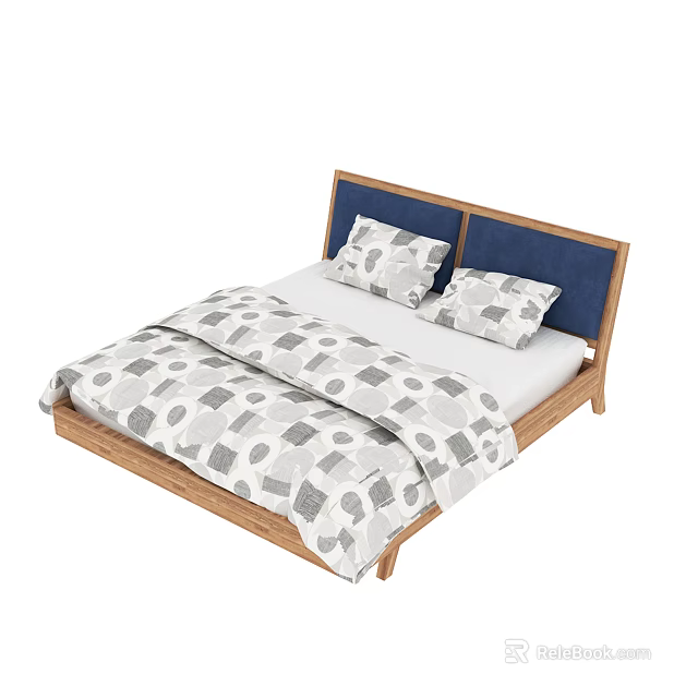 Modern Double Bed With Blue Headboard Wooden Frame And Gray White Geometric Pattern Bedding 3d model