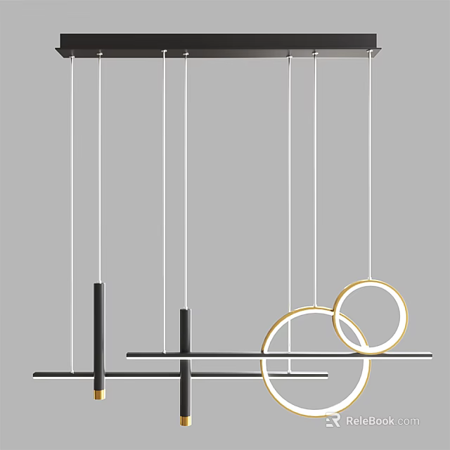 Modern Geometric Chandelier With Black Metal Lines And Gold Circular Rings Design 3d model 