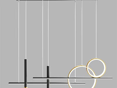 Modern Geometric Chandelier With Black Metal Lines And Gold Circular Rings Design 3d model