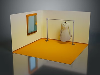 White Coat Hanging On Metal Hanger In Room With Yellow Floor And Window 3d model