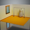 White Coat Hanging On Metal Hanger In Room With Yellow Floor And Window