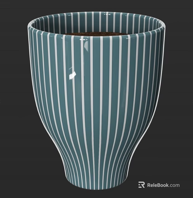 Elegant Teal Ceramic Vase With White Vertical Stripes And Fresh Flowers 3d model 
