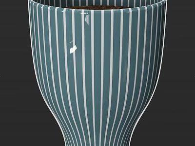 Elegant Teal Ceramic Vase With White Vertical Stripes And Fresh Flowers 3d model