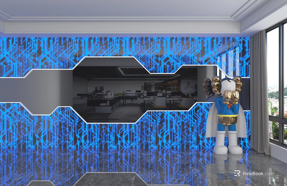 Illuminated Blue Circuit Pattern Background Wall with Hollow Design and Central Room View 3d model 