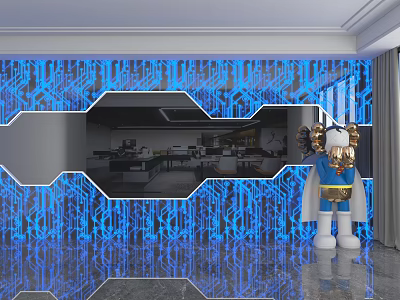 Illuminated Blue Circuit Pattern Background Wall with Hollow Design and Central Room View 3d model